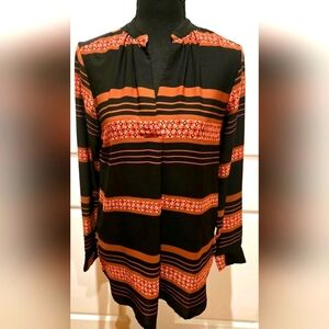 LOFT Tunic V-Neck Blouse Black w/ Stilled Print in Rust sz XS